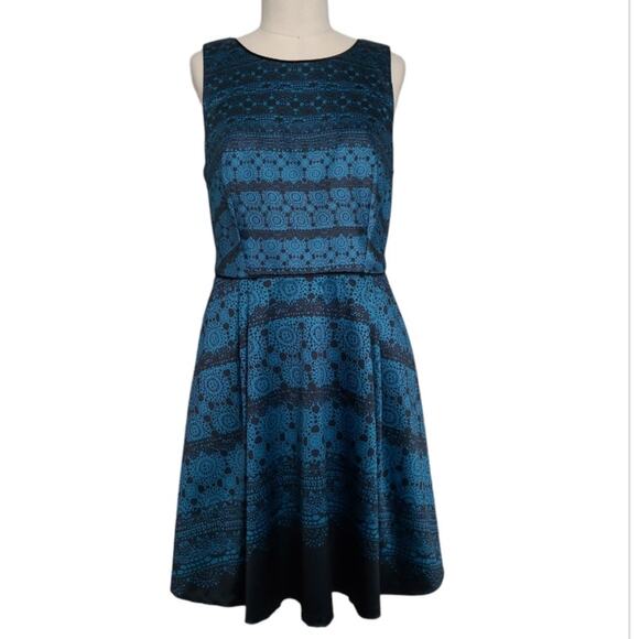 The Limited Geometric Print Satin Fit & Flare Dress Sz 8 Teal Black Classic EUC - Picture 1 of 9